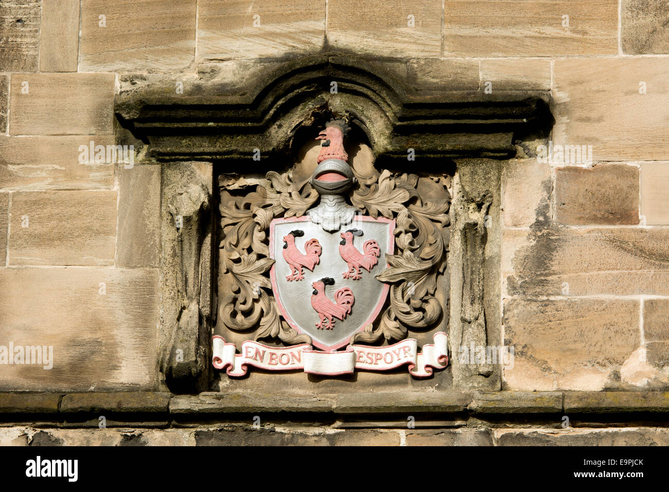 Crest on the Queen Elizabeth`s Grammar School, Ashbourne, Derbyshire, England, UK Stock Photo